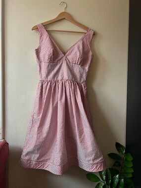 Moschino Red and White Striped V-Neck Fit & Flare Midi Dress